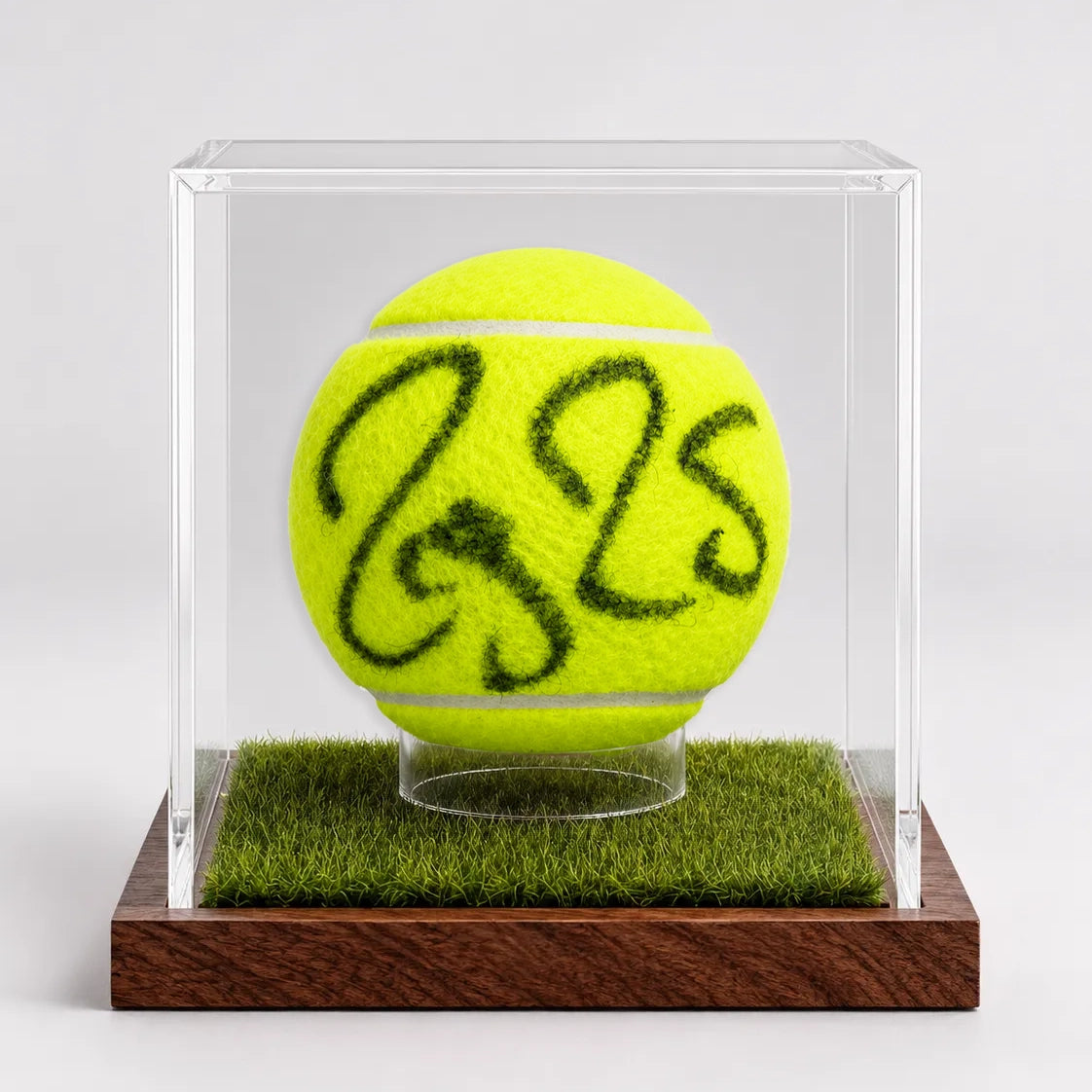 Acrylic tennis ball display case with wooden grass court base