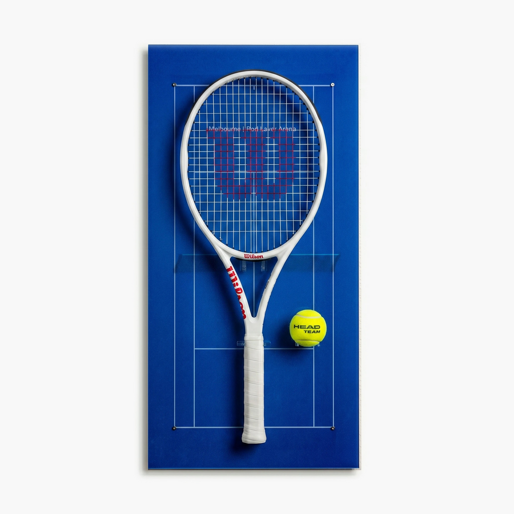 Court-inspired tennis racket display board