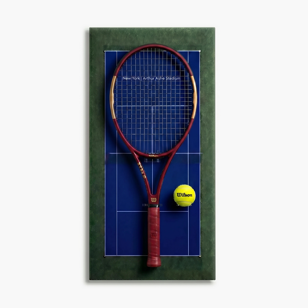 Court-inspired tennis racket display board