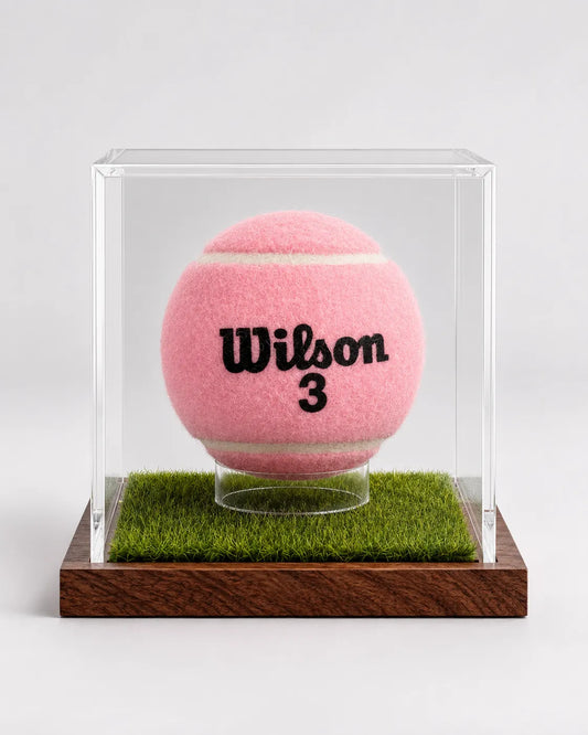 Acrylic tennis ball display case with wooden grass court base