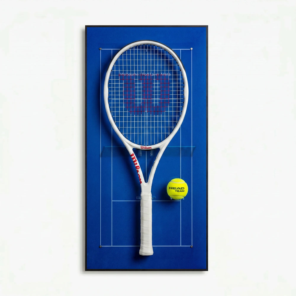 Court-inspired tennis racket display board